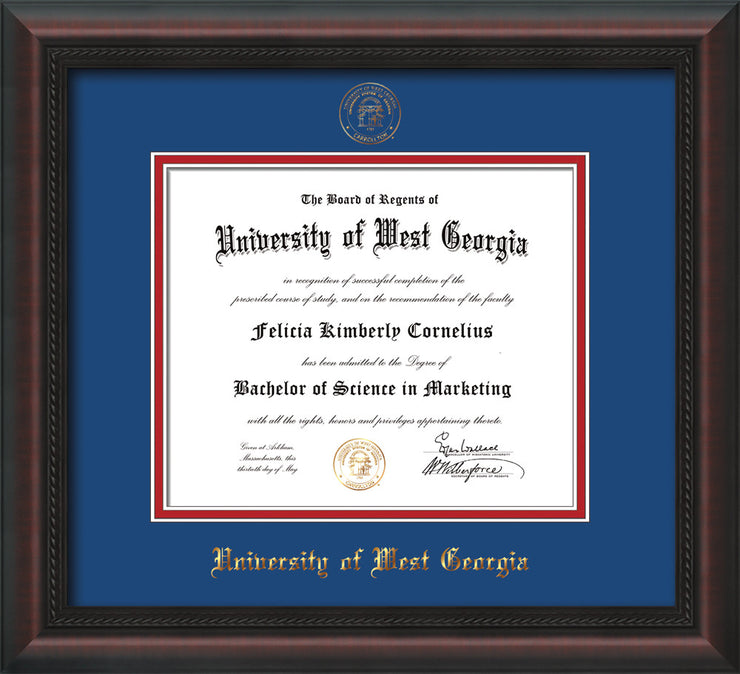 Image of University of West Georgia Diploma Frame - Mahogany Braid - w/UWG Embossed Seal & Name - Royal Blue on Crimson mat
