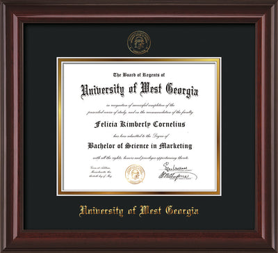 Image of University of West Georgia Diploma Frame - Mahogany Lacquer - w/UWG Embossed Seal & Name - Black on Gold mat
