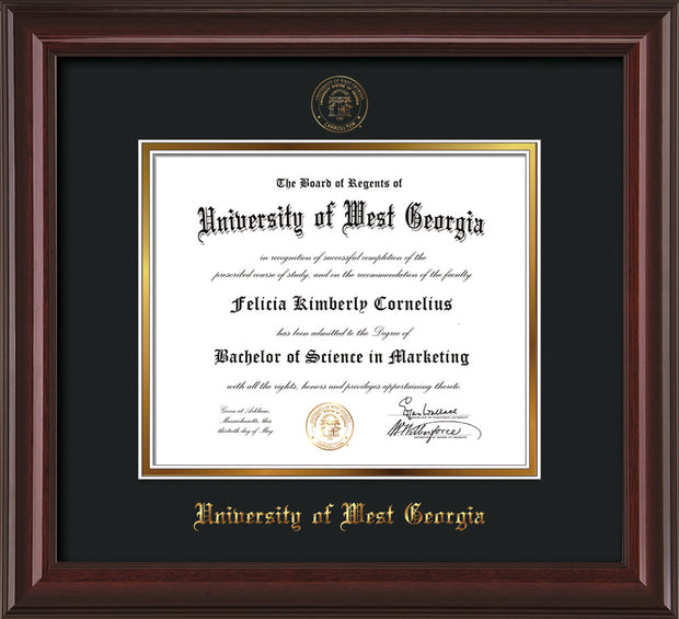 Image of University of West Georgia Diploma Frame - Mahogany Lacquer - w/UWG Embossed Seal & Name - Black on Gold mat