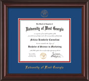 Image of University of West Georgia Diploma Frame - Mahogany Lacquer - w/UWG Embossed Seal & Name - Royal Blue on Crimson mat
