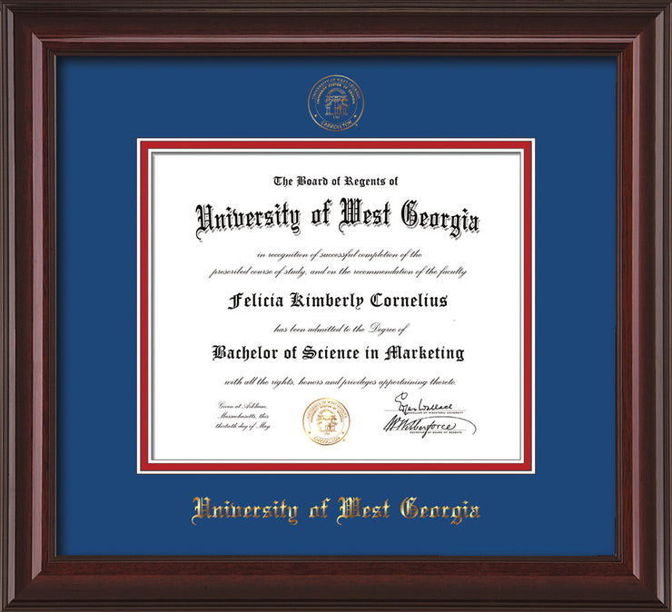 Image of University of West Georgia Diploma Frame - Mahogany Lacquer - w/UWG Embossed Seal & Name - Royal Blue on Crimson mat