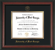 Image of University of West Georgia Diploma Frame - Rosewood - w/UWG Embossed Seal & Name - Black on Gold mat
