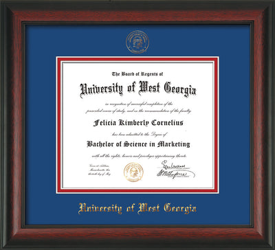 Image of University of West Georgia Diploma Frame - Rosewood - w/UWG Embossed Seal & Name - Royal Blue on Crimson mat