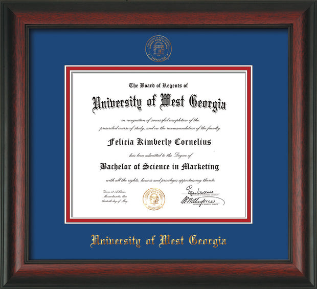 Image of University of West Georgia Diploma Frame - Rosewood - w/UWG Embossed Seal & Name - Royal Blue on Crimson mat