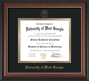 Image of University of West Georgia Diploma Frame - Rosewood w/Gold Lip - w/UWG Embossed Seal & Name - Black on Gold mat