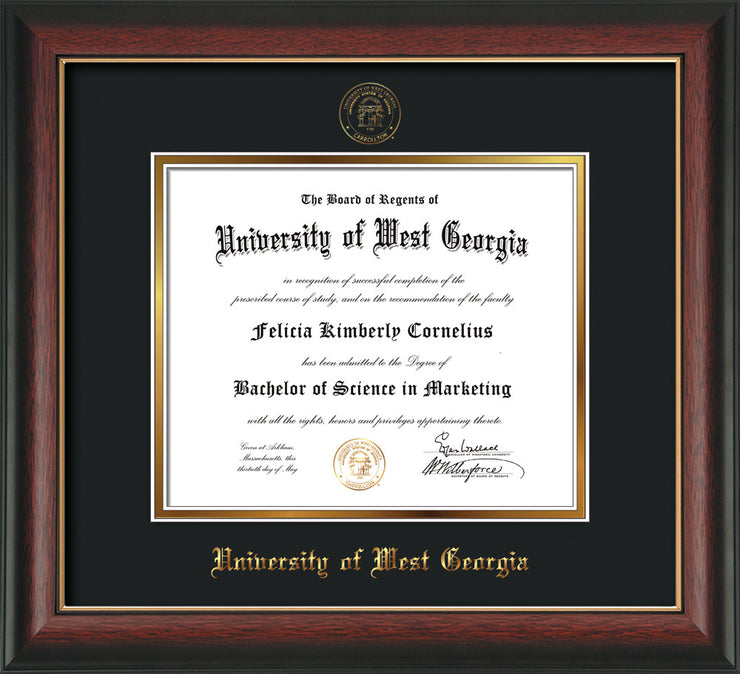 Image of University of West Georgia Diploma Frame - Rosewood w/Gold Lip - w/UWG Embossed Seal & Name - Black on Gold mat