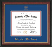 Image of University of West Georgia Diploma Frame - Rosewood w/Gold Lip - w/UWG Embossed Seal & Name - Royal Blue on Crimson mat