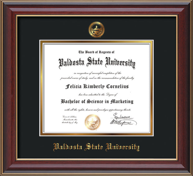 Image of Valdosta State University Diploma Frame - Cherry Lacquer - w/Embossed Seal & Name - Black on Gold mats