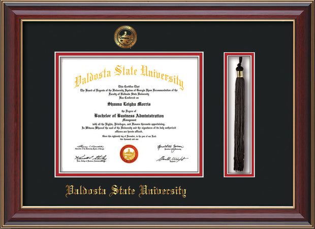 Image of Valdosta State University Diploma Frame - Cherry Lacquer - w/Embossed Seal & Name - Tassel Holder - Black on Red mats