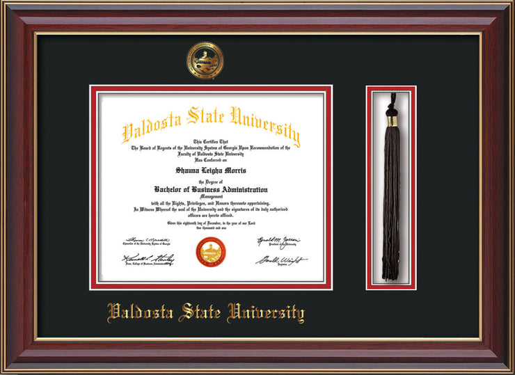 Image of Valdosta State University Diploma Frame - Cherry Lacquer - w/Embossed Seal & Name - Tassel Holder - Black on Red mats