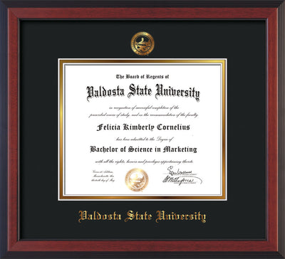 Image of Valdosta State University Diploma Frame - Cherry Reverse - w/Embossed Seal & Name - Black on Gold mats