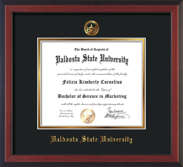 Image of Valdosta State University Diploma Frame - Cherry Reverse - w/Embossed Seal & Name - Black on Gold mats