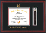Image of Valdosta State University Diploma Frame - Cherry Reverse - w/Embossed Seal & Name - Tassel Holder - Black on Red mats
