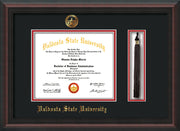 Image of Valdosta State University Diploma Frame - Mahogany Braid - w/Embossed Seal & Name - Tassel Holder - Black on Red mats