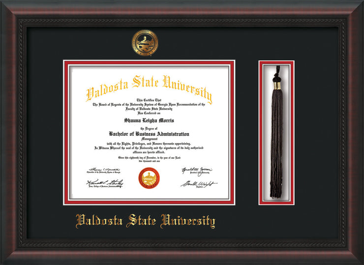 Image of Valdosta State University Diploma Frame - Mahogany Braid - w/Embossed Seal & Name - Tassel Holder - Black on Red mats
