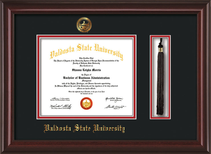 Image of Valdosta State University Diploma Frame - Mahogany Lacquer - w/Embossed Seal & Name - Tassel Holder - Black on Red mats