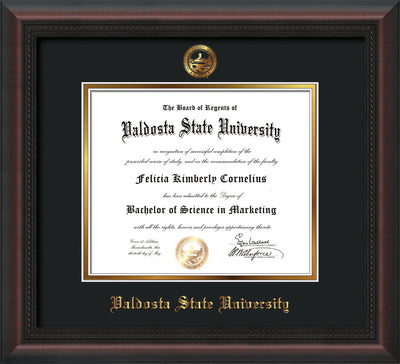 Image of Valdosta State University Diploma Frame - Mahogany Braid - w/Embossed Seal & Name - Black on Gold mats