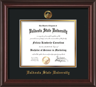 Image of Valdosta State University Diploma Frame - Mahogany Lacquer - w/Embossed Seal & Name - Black on Gold mats