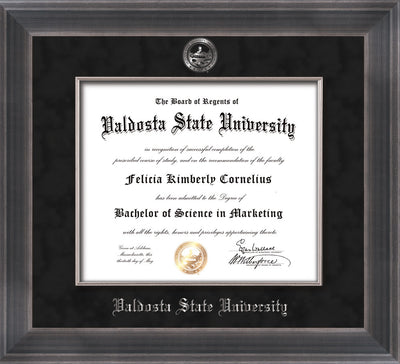 Image of Valdosta State University Diploma Frame - Metro Antique Pewter Double - w/Embossed Seal & Name - Silver Fillet - Black Suede mat