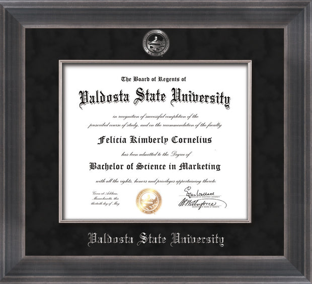 Image of Valdosta State University Diploma Frame - Metro Antique Pewter Double - w/Embossed Seal & Name - Silver Fillet - Black Suede mat