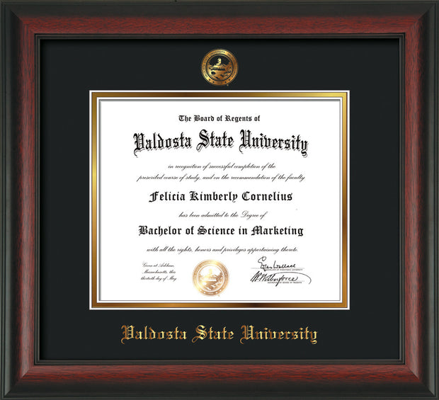 Image of Valdosta State University Diploma Frame - Rosewood - w/Embossed Seal & Name - Black on Gold mats