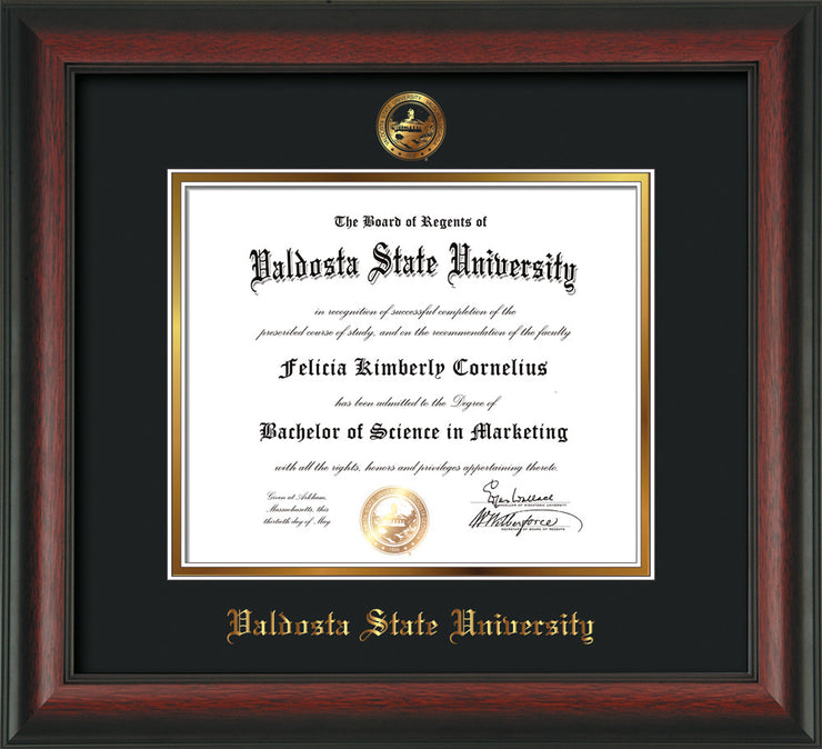 Image of Valdosta State University Diploma Frame - Rosewood - w/Embossed Seal & Name - Black on Gold mats