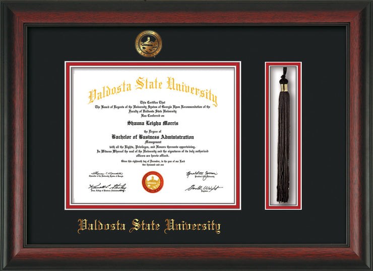 Image of Valdosta State University Diploma Frame - Rosewood - w/Embossed Seal & Name - Tassel Holder - Black on Red mats