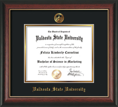 Image of Valdosta State University Diploma Frame - Rosewood w/Gold Lip - w/Embossed Seal & Name - Black on Gold mats