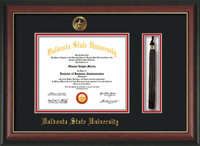 Image of Valdosta State University Diploma Frame - Rosewood w/Gold Lip - w/Embossed Seal & Name - Tassel Holder - Black on Red mats