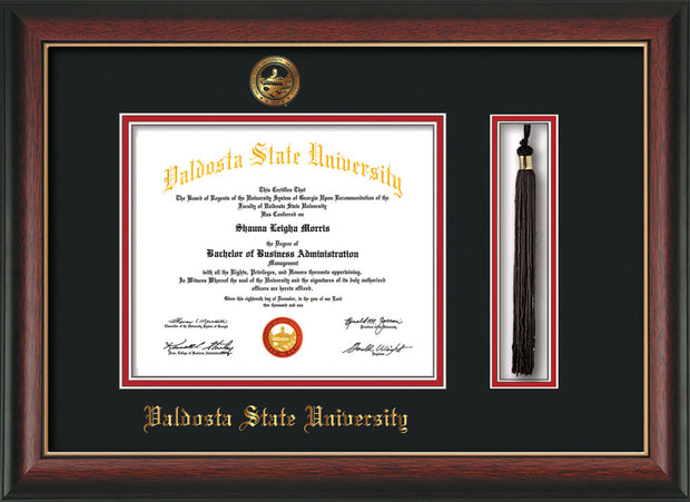 Image of Valdosta State University Diploma Frame - Rosewood w/Gold Lip - w/Embossed Seal & Name - Tassel Holder - Black on Red mats