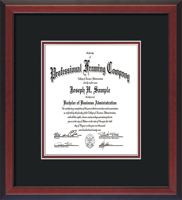 Image of Custom Cherry Reverse Art and Document Frame with Black on Maroon Mat Vertical