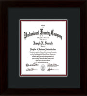 Custom Flat Matte Black Art and Document Frame with Black on Maroon Mat Vertical