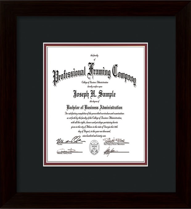 Custom Flat Matte Black Art and Document Frame with Black on Maroon Mat Vertical