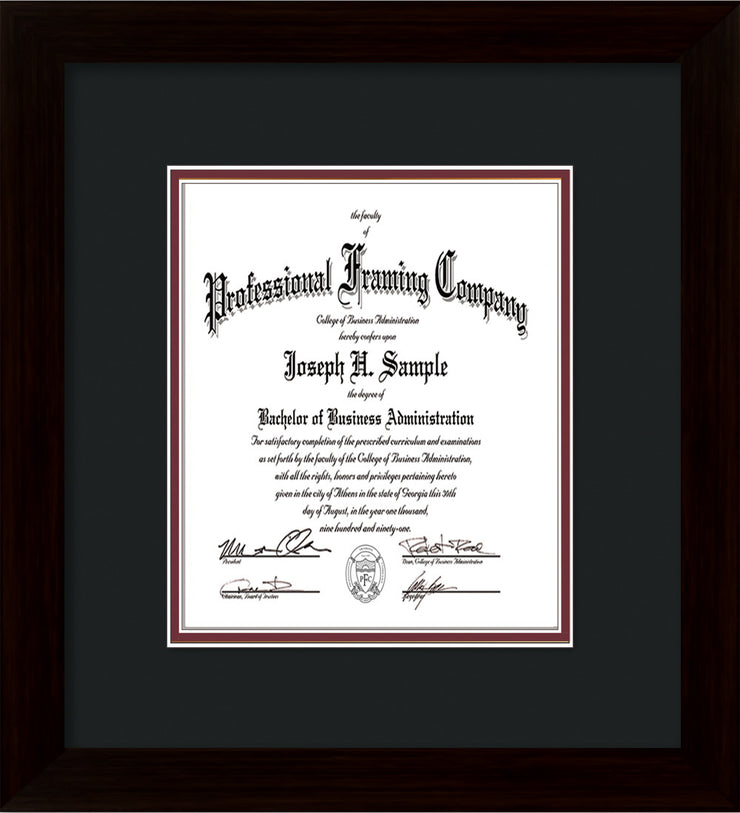 Custom Flat Matte Black Art and Document Frame with Black on Maroon Mat Vertical