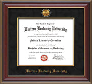 Image of Western Kentucky University Diploma Frame - Cherry Lacquer - w/24k Gold-Plated Medallion & Fillet - w/WKU Name Embossing - Black Suede mat