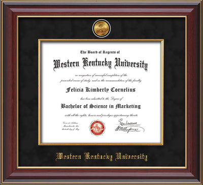 Image of Western Kentucky University Diploma Frame - Cherry Lacquer - w/24k Gold-Plated Medallion & Fillet - w/WKU Name Embossing - Black Suede mat
