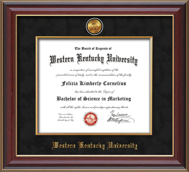 Image of Western Kentucky University Diploma Frame - Cherry Lacquer - w/24k Gold-Plated Medallion & Fillet - w/WKU Name Embossing - Black Suede mat