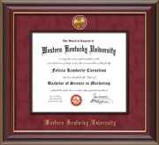 Image of Western Kentucky University Diploma Frame - Cherry Lacquer - w/24k Gold-Plated Medallion & Wood Stained Fillet - w/WKU Embossing - Garnet Suede