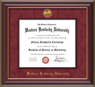 Image of Western Kentucky University Diploma Frame - Cherry Lacquer - w/24k Gold-Plated Medallion & Wood Stained Fillet - w/WKU Embossing - Garnet Suede