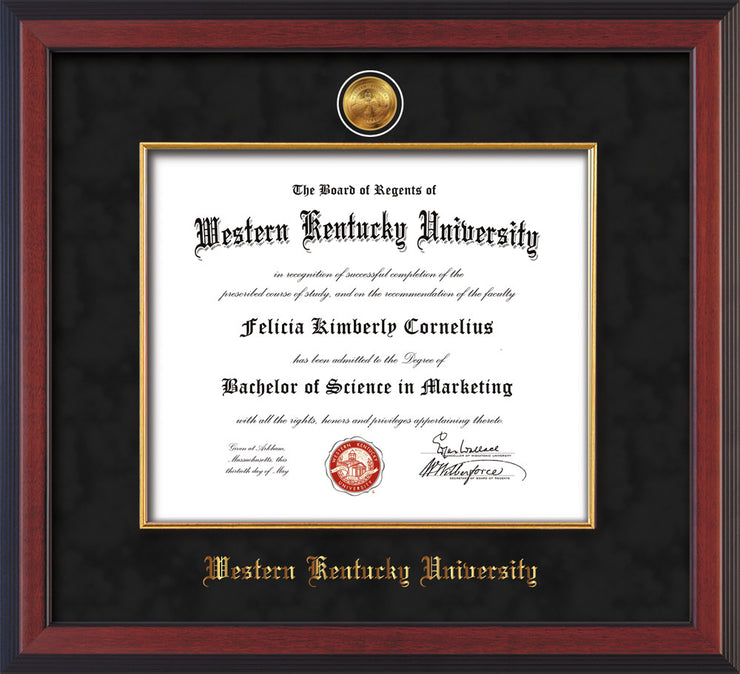 Image of Western Kentucky University Diploma Frame - Cherry Reverse - w/24k Gold-Plated Medallion & Fillet - w/WKU Name Embossing - Black Suede mat