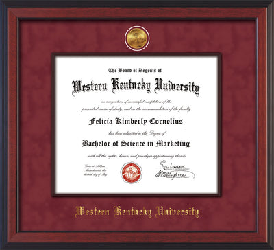 Image of Western Kentucky University Diploma Frame - Cherry Reverse - w/24k Gold-Plated Medallion & Wood Stained Fillet - w/WKU Embossing - Garnet Suede