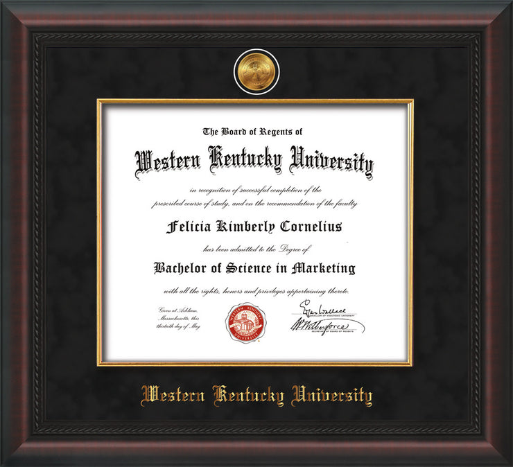 Image of Western Kentucky University Diploma Frame - Mahogany Braid - w/24k Gold-Plated Medallion & Fillet - w/WKU Name Embossing - Black Suede mat
