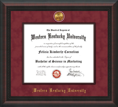Image of Western Kentucky University Diploma Frame - Mahogany Braid - w/24k Gold-Plated Medallion & Wood Stained Fillet - w/WKU Embossing - Garnet Suede