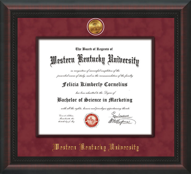 Image of Western Kentucky University Diploma Frame - Mahogany Braid - w/24k Gold-Plated Medallion & Wood Stained Fillet - w/WKU Embossing - Garnet Suede