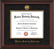 Image of Western Kentucky University Diploma Frame - Mahogany Lacquer - w/24k Gold-Plated Medallion & Fillet - w/WKU Name Embossing - Black Suede mat