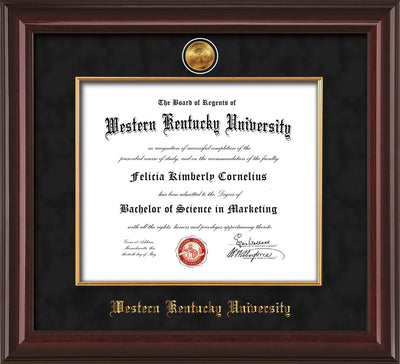 Image of Western Kentucky University Diploma Frame - Mahogany Lacquer - w/24k Gold-Plated Medallion & Fillet - w/WKU Name Embossing - Black Suede mat