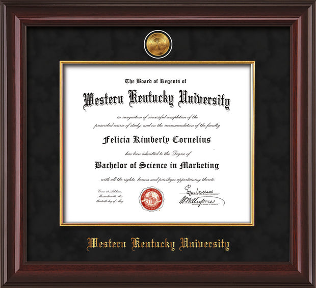 Image of Western Kentucky University Diploma Frame - Mahogany Lacquer - w/24k Gold-Plated Medallion & Fillet - w/WKU Name Embossing - Black Suede mat