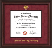 Image of Western Kentucky University Diploma Frame - Mahogany Lacquer - w/24k Gold-Plated Medallion & Wood Stained Fillet - w/WKU Embossing - Garnet Suede