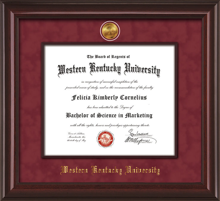 Image of Western Kentucky University Diploma Frame - Mahogany Lacquer - w/24k Gold-Plated Medallion & Wood Stained Fillet - w/WKU Embossing - Garnet Suede