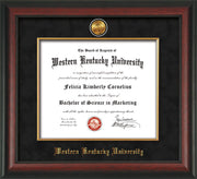 Image of Western Kentucky University Diploma Frame - Rosewood - w/24k Gold-Plated Medallion & Fillet - w/WKU Name Embossing - Black Suede mat
